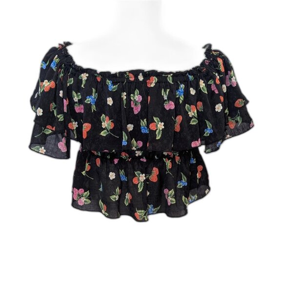 Zara | Black Floral & Berry Print Ruffle Crop Top | Size Small - Picture 6 of 15